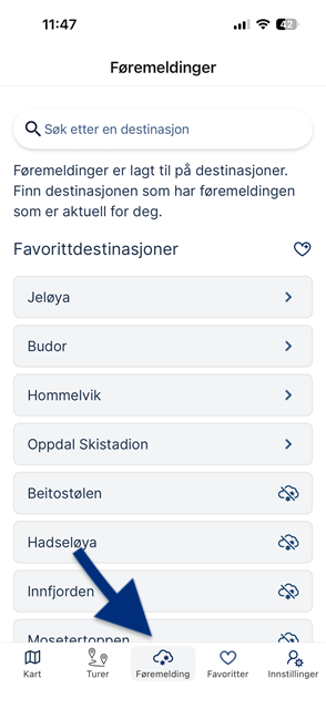 Pil viser ikon for føremelding.