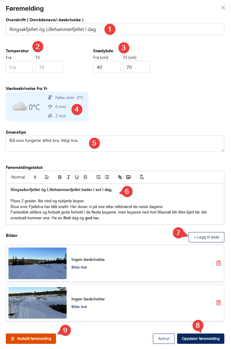 Sporet føremelding innhold