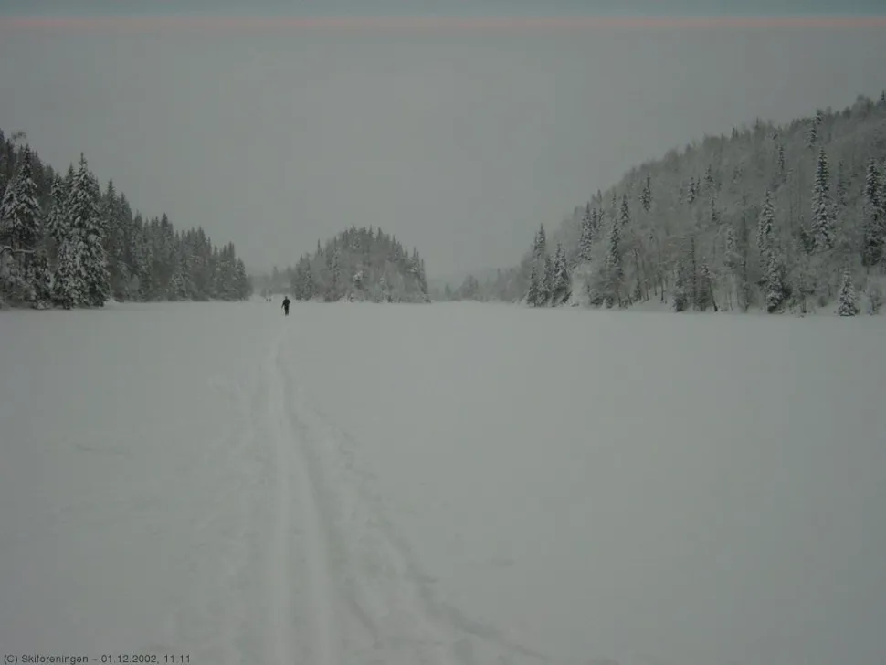 Enslig skiløper på vei over Kalvsjøen