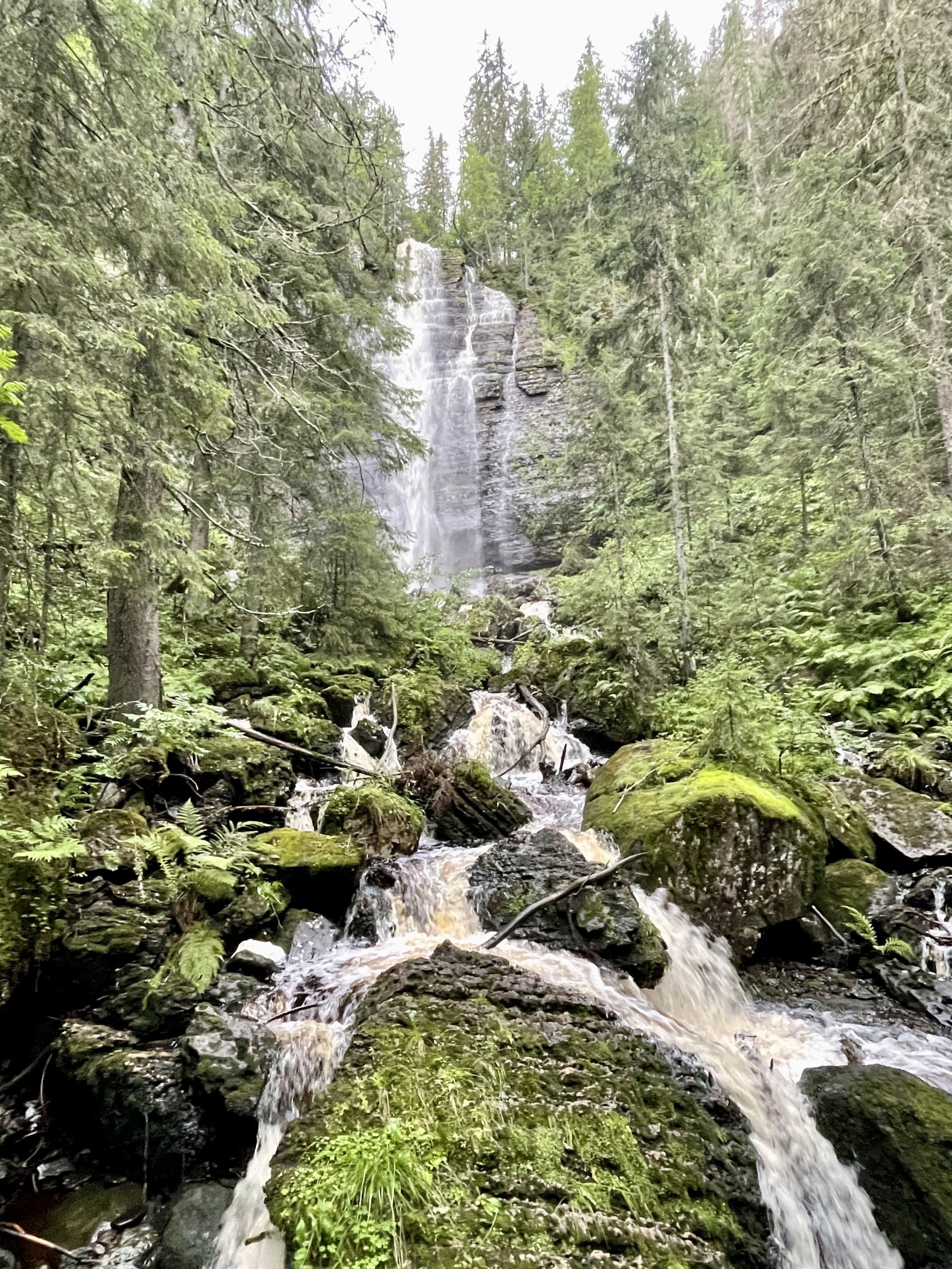 Opp mot den imponerende fossen i Askerudjuvet