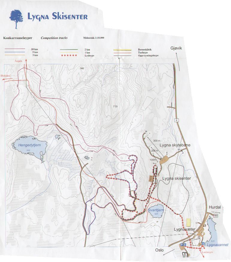 Oversiktskart over løypene på Lygna skisenter