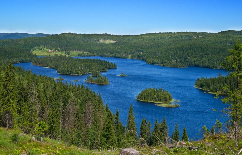 Grønne øyer i blått vann